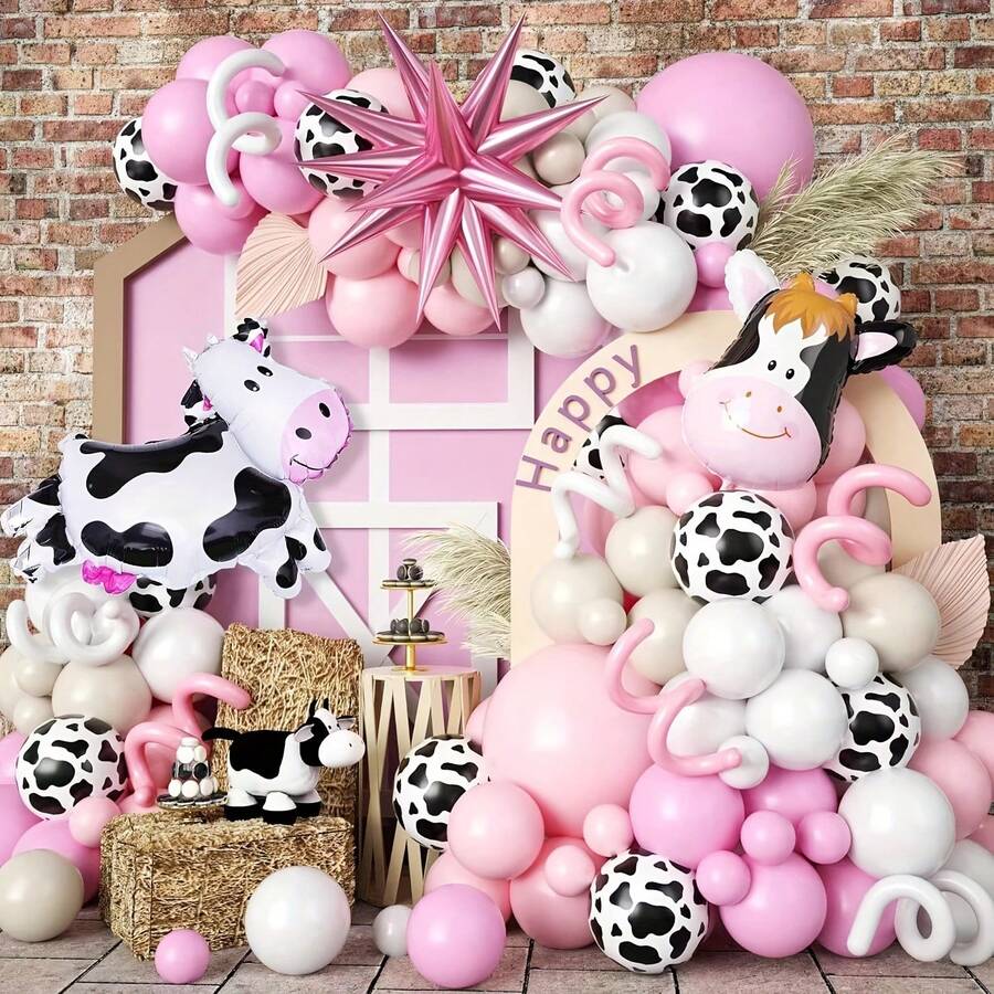 129 piezas Conjunto de arco y guirnalda de globos de granja, incluye globos de aluminio con diseños de vaca y estrella explosiva, así como globos de látex en rosa, blanco, blanco arena y patrones de vaca. Es perfecto para fiestas de cumpleaños, baby showers, fiestas de primer cumpleaños, fiestas al aire suministros para fiestas con temática de granja de dibujos animados. - Multicolor - Ver 1