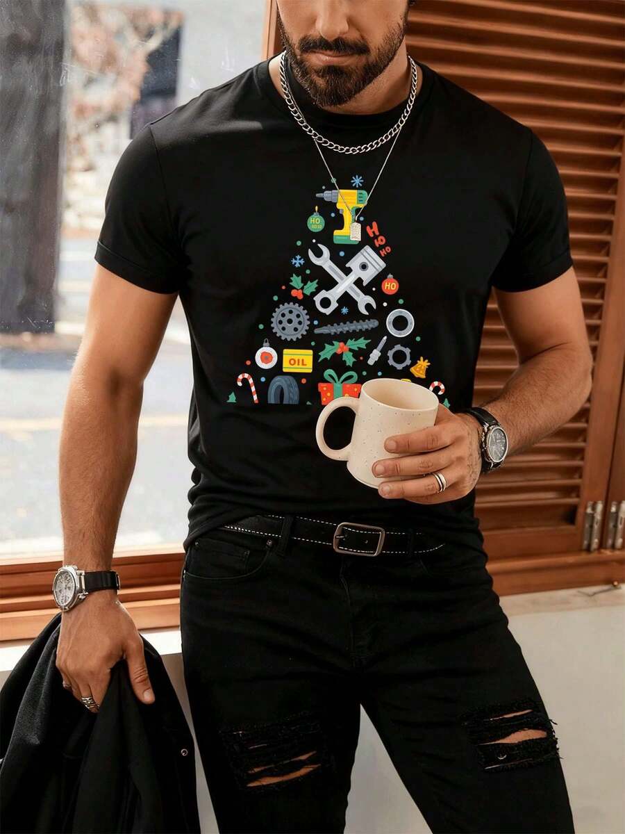 PLUS SIZE Gearhead Christmas Tools Tee 100% Cotton, Casual, Comfortable, Durable, Graphic Design - 黑色 - 查看 1
