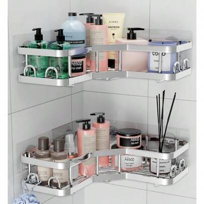 Corner Shower Caddy – 2 Pack Rustproof, Bathroom Corner Shelves, No-Drill Adhesive, Suction For Accessories And Storage,Extra Self Adhesive, Silver