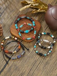 1pc Men's Casual Volcanic Stone & Turquoise Asymmetrical Beaded Bracelet, Suitable For Daily Outfit, Jewelry Gift, Father-Son Matching - Multicolor - View 1