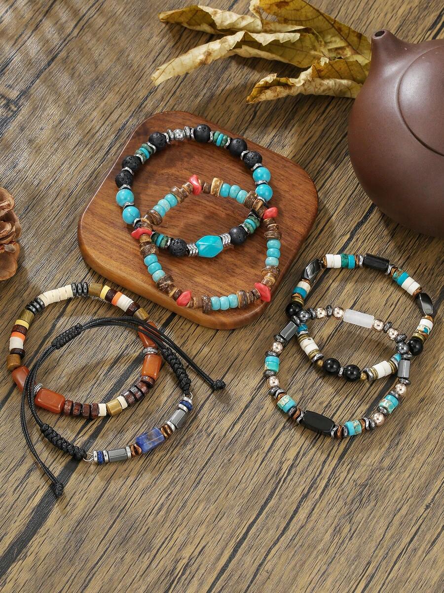 1pc Men's Casual Volcanic Stone & Turquoise Asymmetrical Beaded Bracelet, Suitable For Daily Outfit, Jewelry Gift, Father-Son Matching - Multicolor - View 1