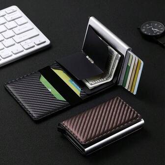 1pc Anti-Theft Men's Card Holder, Ultra-Thin Carbon Fiber Auto Pop-Up Card Aluminum Alloy Card Case, Solid Color PU Leather Wallet