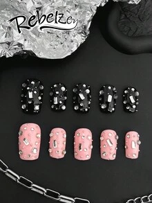 10 Pieces Of Hand Pressed Coffin-Shaped Nails, Fake Nails, DIY,Black-Pink Full-Diamond Manicure, With Large And Small Diamond Ornaments Inlaid In A Scattered Manner, And The Minimalist Base Color Highlights The Luxurious Punk Style ,For Girls And Ladies In Weddings, Parties, Holiday Scenes, Gift A Nail Kit