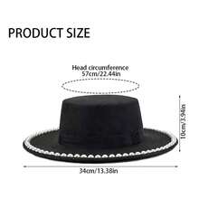 Wide Brim Flat Top Hat For Women Stylish Decorative Black Band Pearl Fedora Cap For Wedding Party - màu đen - Xem 7