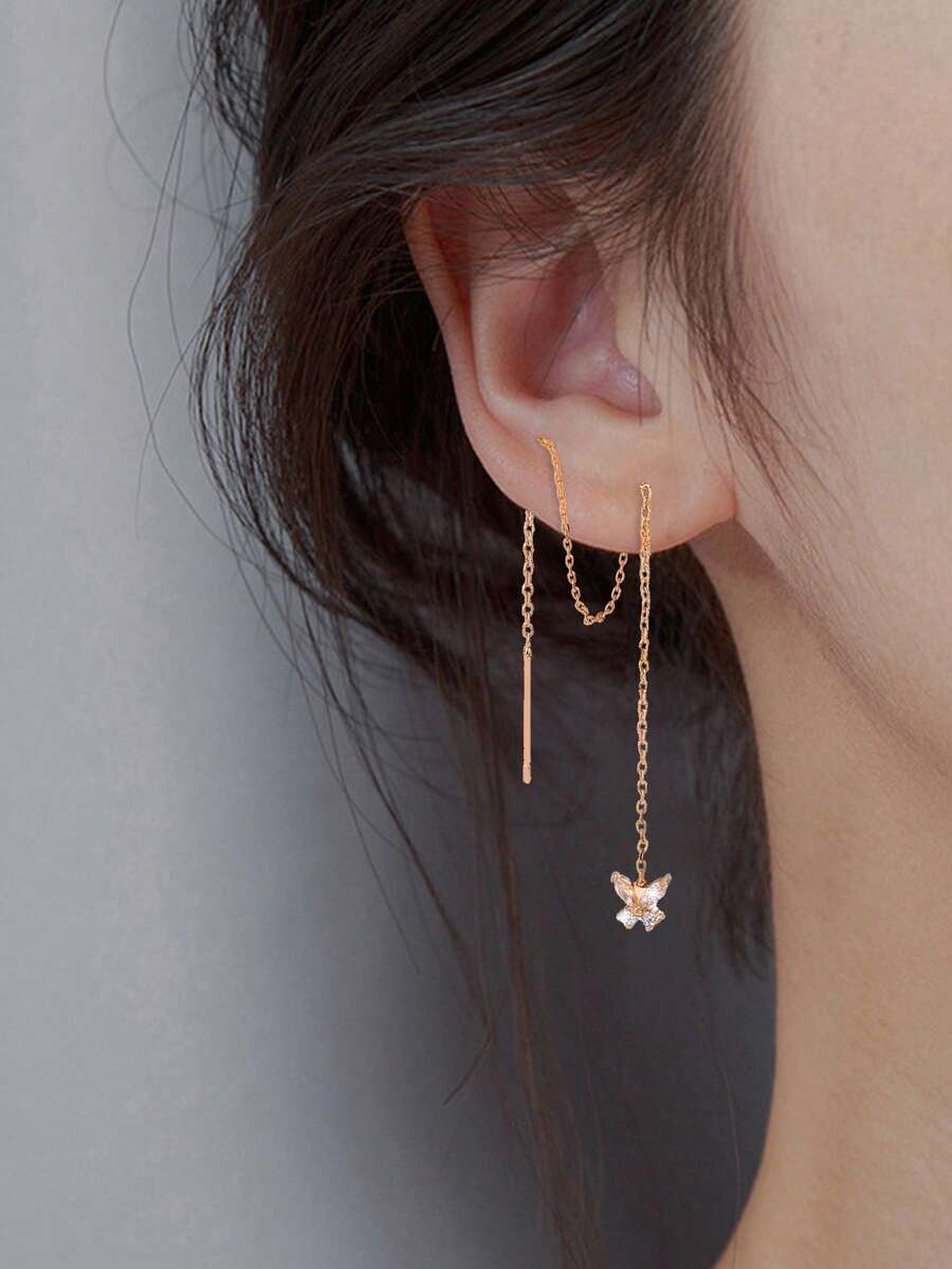 Tkool 1 Cặp bông tai xỏ tua rua đính đá Cubic Zirconia hình bướm dành cho nữ