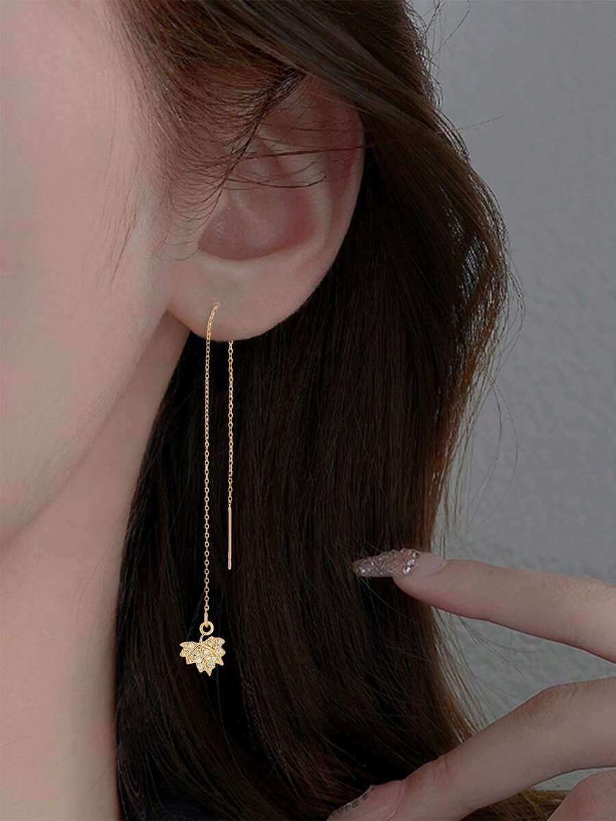 Tkool 1对女士简约叶形锆石流苏耳夹耳环，优雅韩式风格