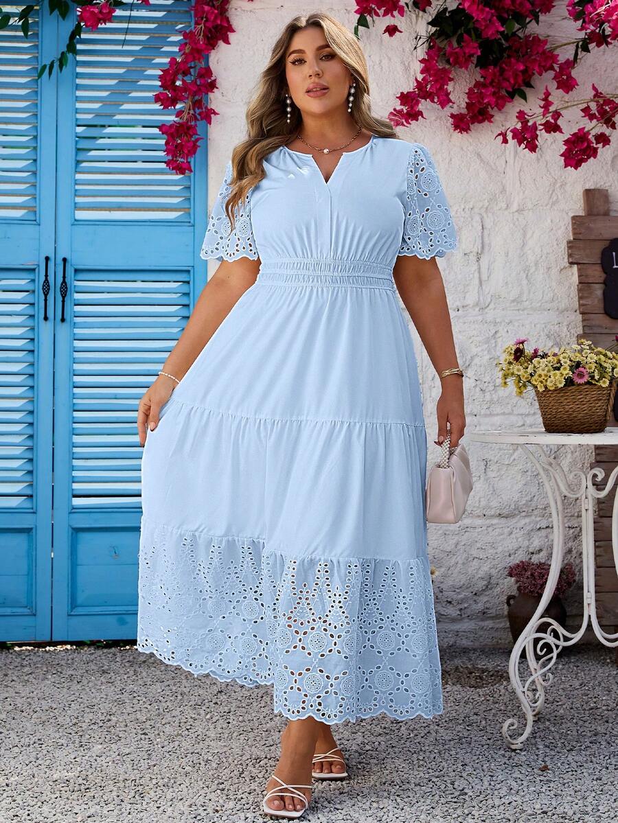 Simplee Plus Size Women's Summer New Solid V-Neck Embroidered Hollow-Out Elegant Dress