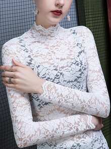 2025 Autumn Lace Stand Collar Undershirt For Women, Fitted Mesh Slim Fit Top - White - View 1