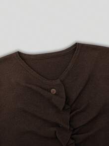 Cárdigan de punto ajustado de manga larga con frente plisado y abotonadura sencilla para mujer, elegante y minimalista, de estilo casual, para otoño/invierno - Café integral - Ver 4