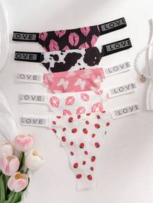 5pcs/Pack Comfortable & Skin-Friendly LOVE Diamond Decor Sexy & Sweet Print Seamless Thong Panties For Women - Multicolor - View 5