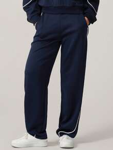 NcmRyu 1pc Women High Waist Straight Leg Striped Sports Pants With Side Pockets - Navy Blue - View 7