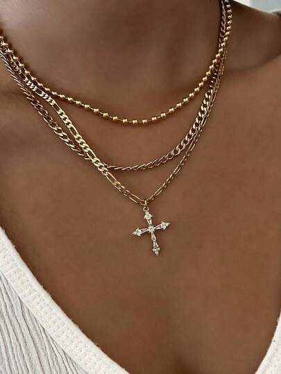 Set de 3 collares con colgante de cruz de cristal de moda y multicapa, regalo para mujer para vacaciones, citas, uso diario, fiestas, regalo de Navidad para amigas, mamá, novia
