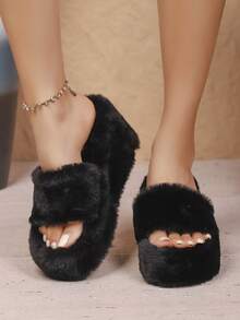 Women's Fluffy Slip-On Slippers, Thick Sole, Comfortable Indoor/Outdoor Wear, Fashionable Furry Slides For Autumn/Winter - Black - View 3