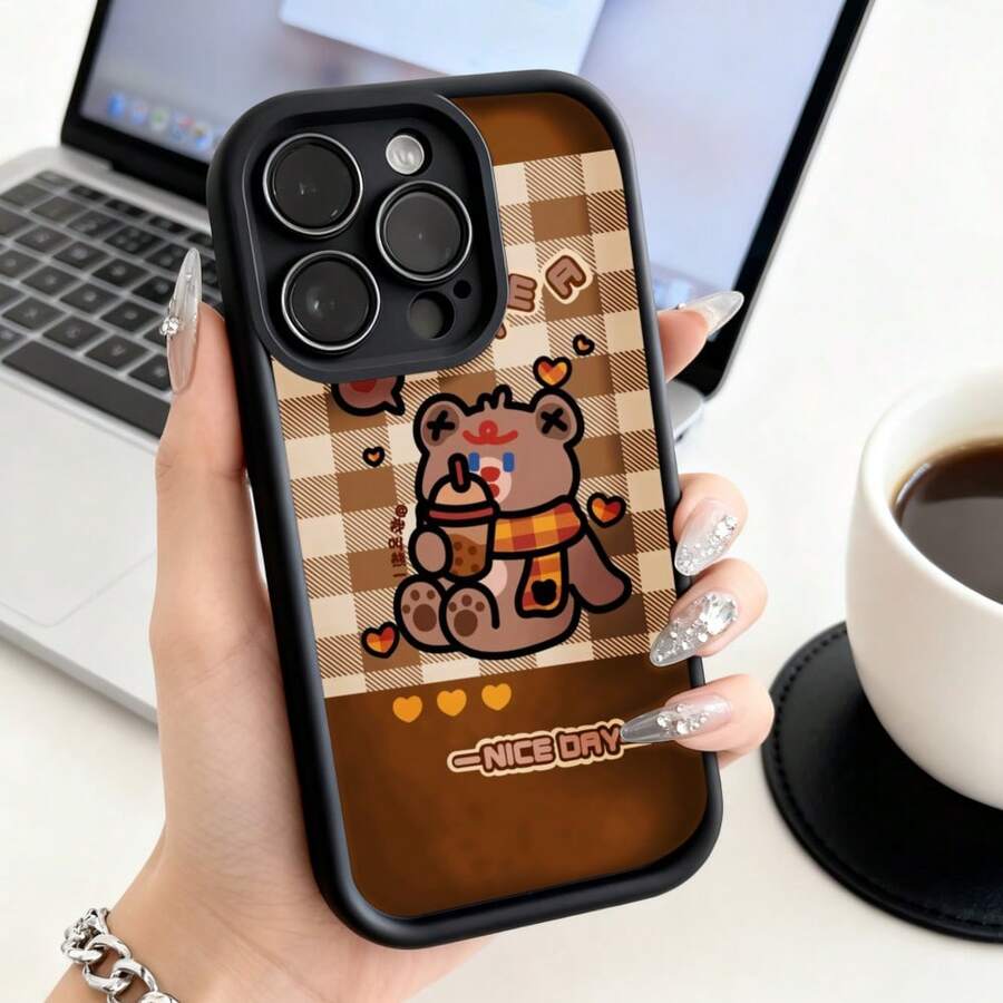 Funda de Teléfono Oso con Patrón de Cuadros de Café Texto de Buen Día para iPhone 14 13 12 11 Pro Max  Galaxy S23 S22 S21 S20 Plus Funda de Teléfono para Pareja Regalo para Novio Novia Regalo de Vacaciones - Negro - Ver 1