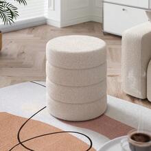 Round Pouffe Stool Liviing Room Bedroom Footstool Teddy Fleece Dressing Table Stool Hallway Shoe Stool - Cream White - View 6