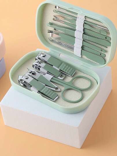 Unisex Multi-Color Manicure & Pedicure Set, Stainless Steel Nail Clippers, 8-In-1 Professional Durable Portable Grooming Kit, Includes Portable Toenail Clipper, Eyebrow Trimmer, Ear Spoon, With Green, Blue, Pink Leather Storage Case