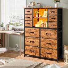 EnHomee 50.6" H Tall Dresser With 12 Fabric Sturdy Drawers Dresser For Bedroom With Charging Station & LED Lights, Wooden Top, Metal Frame, 11.8" D X 37.8" W X 50.6" H, Mother's Day Decor, Room Decor, Home Decor, Rust Brown - 查看 1