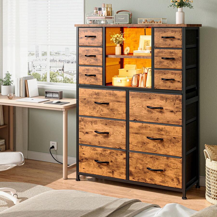 EnHomee 50.6" H Tall Dresser With 12 Fabric Sturdy Drawers Dresser For Bedroom With Charging Station & LED Lights, Wooden Top, Metal Frame, 11.8" D X 37.8" W X 50.6" H, Mother's Day Decor, Room Decor, Home Decor, Rust Brown - 查看 1