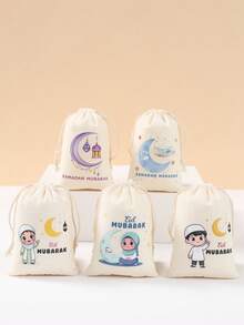 6个斋月礼品袋，中东卡通人物“斋月吉祥”设计，斋月家居装饰，开斋节，斋月餐桌装饰，斋月祝福装饰礼品袋，斋月袋，斋月派对用品 - Eid Mubarak 卡通 - 查看 4