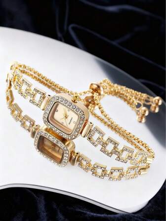 1 款优雅时尚的女士石英表，配有小方形表盘和可调节表带，适合旅行和派对