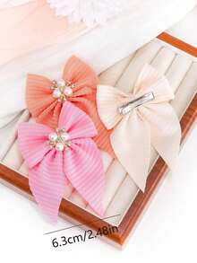 3 Peças/Conjunto Grampos de Cabelo com Laço Texturizado de Cor Sólida e Pérola Cristal para Meninas, Acessórios de Cabelo Elegantes de Princesa para Uso Diário, Grampos de Cabelo de Cor de Doce, Grampos de Cabelo com Laço de Pérola para Crianças