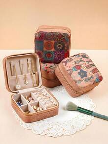 1 Pc Mini Vintage Printed Jewelry Box For Earrings, Rings, Necklaces, Travel Storage Box, Jewelry Earrings Back To School - Multicolor - View 9