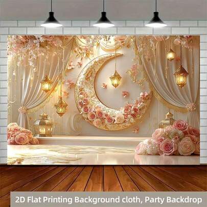 2D涤纶斋月横幅，1件装，优雅月牙形装饰，饰以玫瑰和灯笼，营造梦幻氛围，适合开斋节拍照道具及用品，也适用于穆斯林斋月和宰牲节庆祝活动，伊斯兰主题节日装饰。