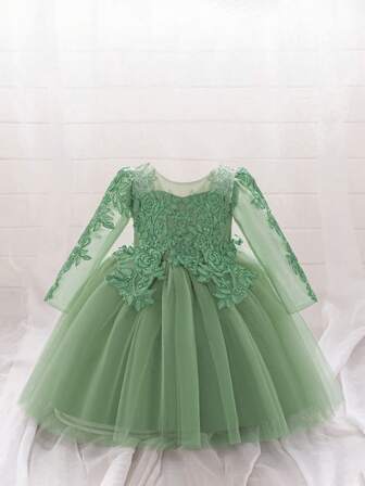 Vestido de princesa elegante de manga larga y tul rosa para niñas, adecuado para fiestas