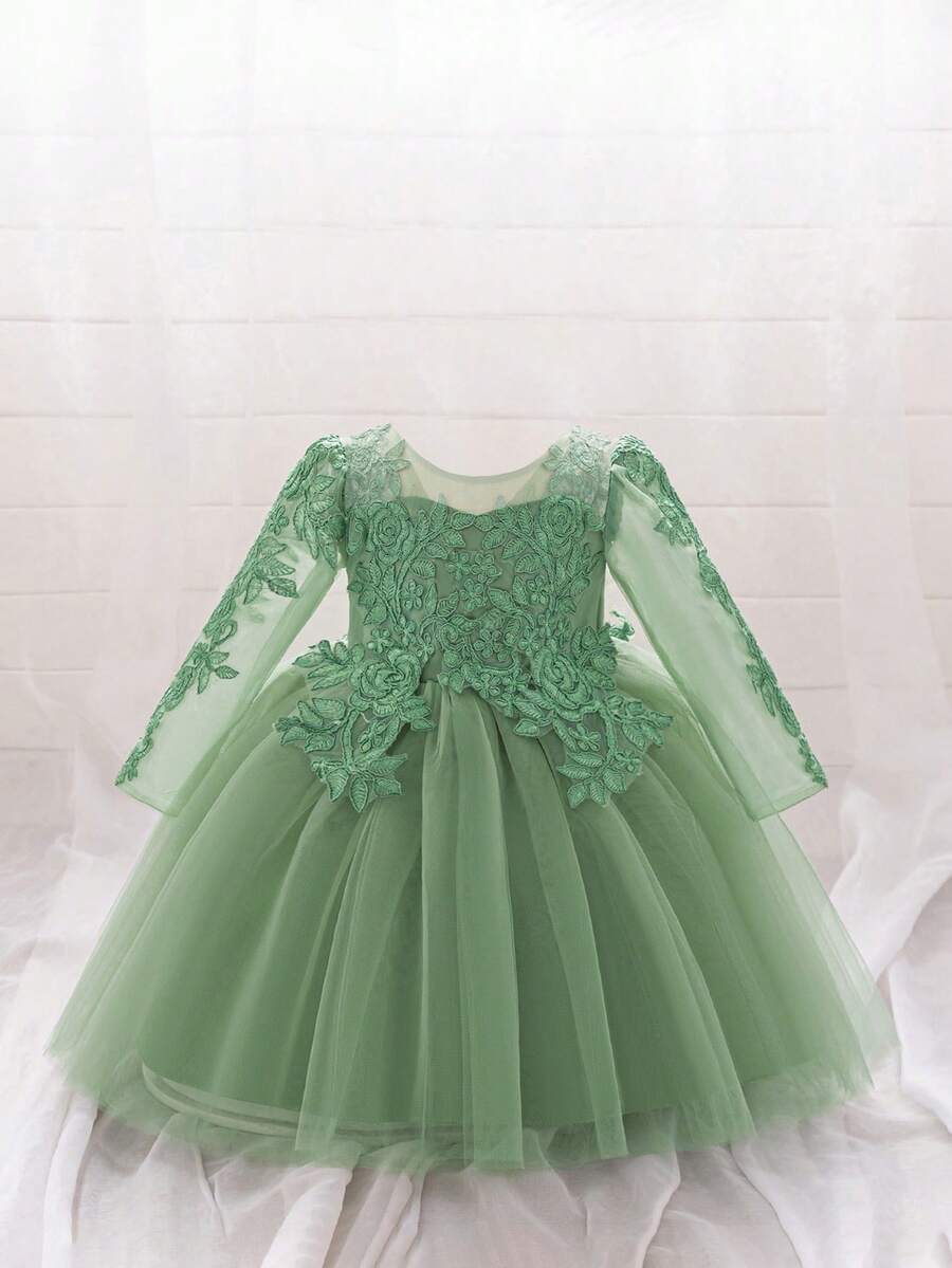 Baby Girls' Pink Long Sleeve Elegant Tulle Princess Dress, Suitable For Parties - Green - View 1