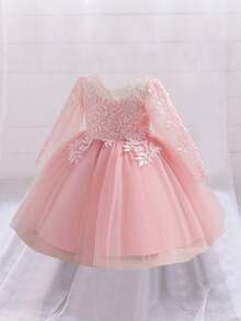 Baby Girls' Pink Long Sleeve Elegant Tulle Princess Dress, Suitable For Parties - Pink - View 2