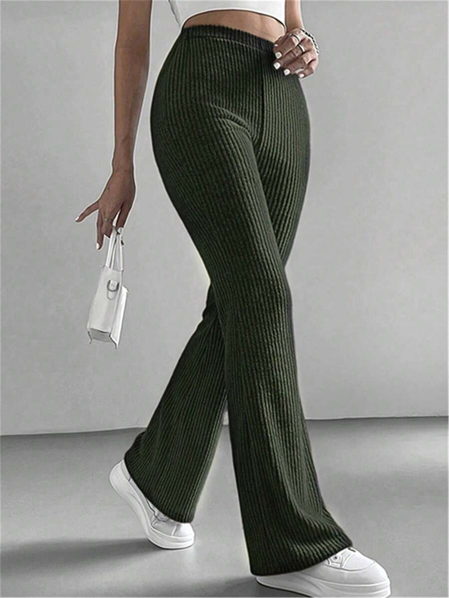 Women's Solid Color Ribbed Elastic Waist Elegant Pants - Army Green - View 1