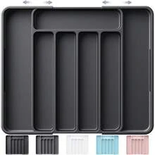 Cutlery Drawer Organiser For Kitchen - Adjustable Cutlery Tray For Effortless Utensil Sorting, Versatile Kitchen Storage & Organisation Solution, 12." X 1.54" X 8.07"~.90", Black - 淺灰色 - 查看 2