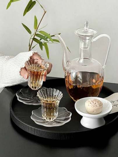 1 Set Lotus Petal Shaped Glass Tea Cup & Saucer Set, Japanese Retro Style Tea Cup & Saucer Set, Vintage Inspired Tea Cup & Saucer Set For Restaurant, Living Room, Tea House