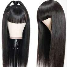 Glueless Wigs With Bangs,180% Density None Lace Front Straight Human Hair Wig,Fashion Silky Soft Smooth Straight Hair Machine Made Bangs Wig,Natural Color(Short Bob Wig 8-14inch) - Natural Black - 查看 4