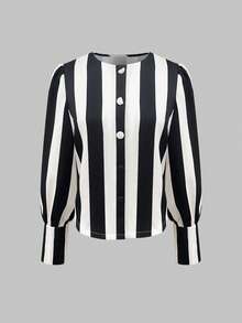 Nouveau Top à manches longues élégant et avec col rond, rayures, couleurs contrastées, boutons champignons et manches bouffantes. Convient pour le quotidien, les festivals, l'école, les vacances, les voyages, l'aéroport