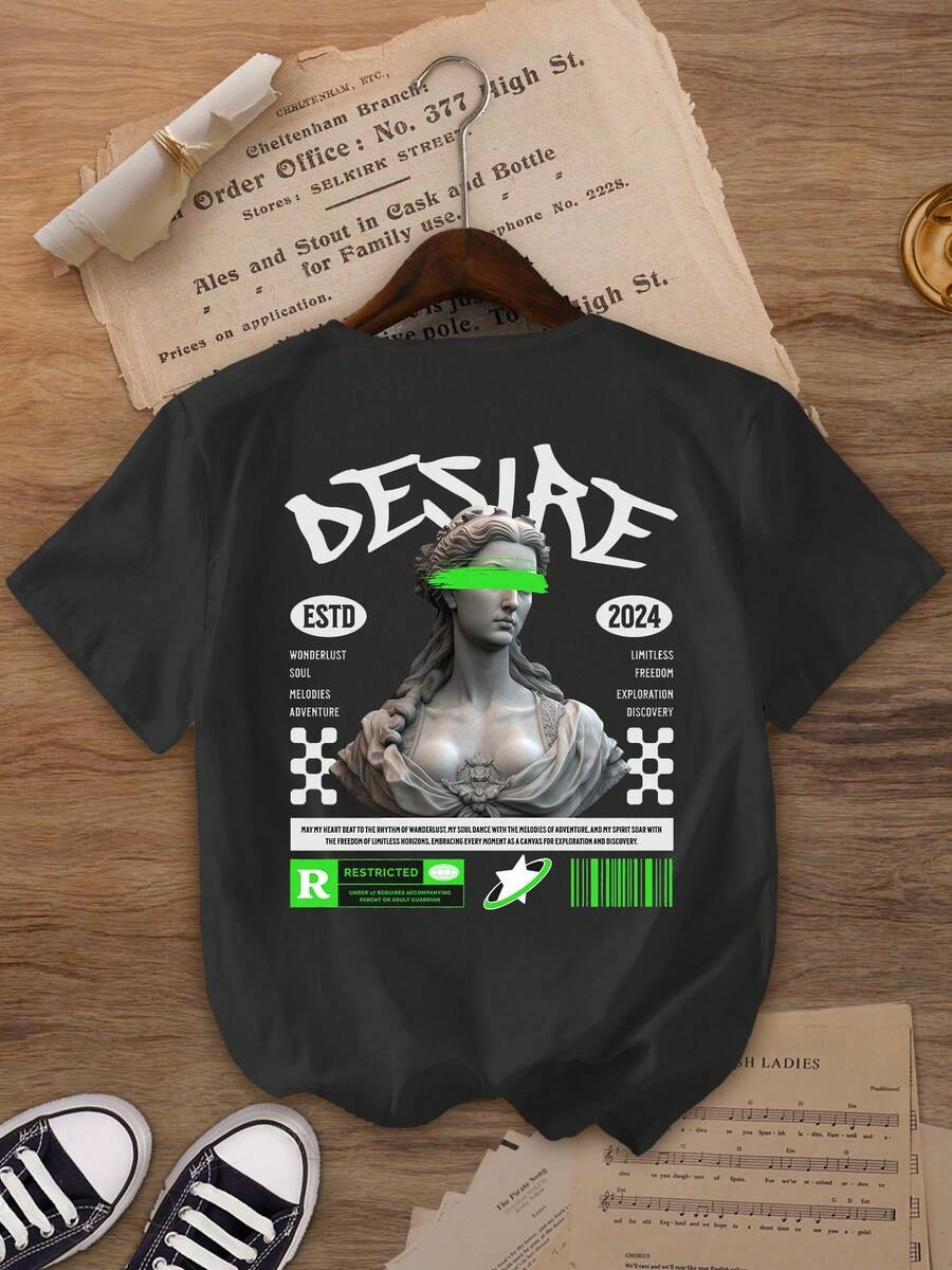 Women's Casual, Everyday Statue Graphic Print Round Neck Short Sleeve T-Shirt Women's Summer Jacket Graphic T-Shirt - Black - View 1