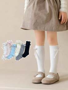 1/6 pares de calcetines largos para niños con decoración de lazo estilo princesa, versátiles para todas las estaciones - Multicolor - Ver 2