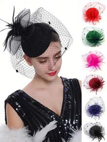 1pc Fascinators Hats For Women Pillbox Hat 20s 30s 50s Vintage Feather Headwear Bowler Flower Veil Wedding Tea Party Hat, School Stuff, Gifts, Hair Accessories, Classy, Rave Accessories, Festival Outfits, Gala Night - Multicolor - View 2