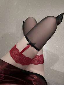 1 双超薄蕾丝蝴蝶吊带过膝袜，性感内衣配件，宽蕾丝花边，诱人可爱性感大腿袜 - 黑色 - 查看 14