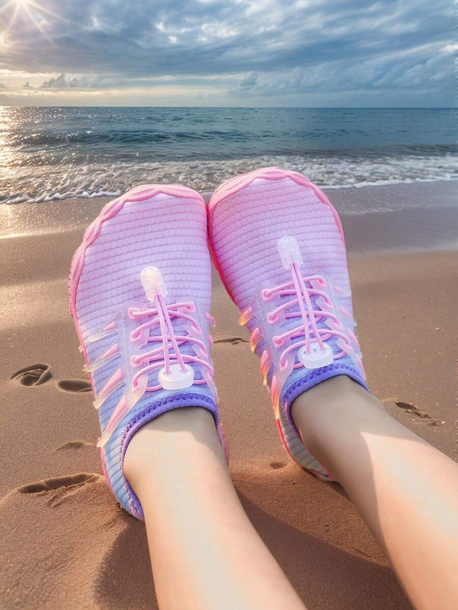 Kids Summer New Aqua Shoes, Striped Print, Breathable Mesh, Low-Top Hook And Loop, Quick-Dry Barefoot, Girls Beach/Swimming Shoes, Rubber Non-Slip Sole, Outdoor Cycling, Indoor Fitness Yoga Running Jumping Multifunctional Training Shoes - Pink - View 1