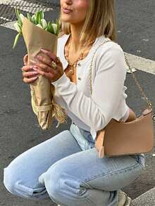 2025 Nowy modny kardigan w stylu streetwear, zapięcie na guziki, jednolity kolor, dopasowany krój, długi rękaw, bluzka damska