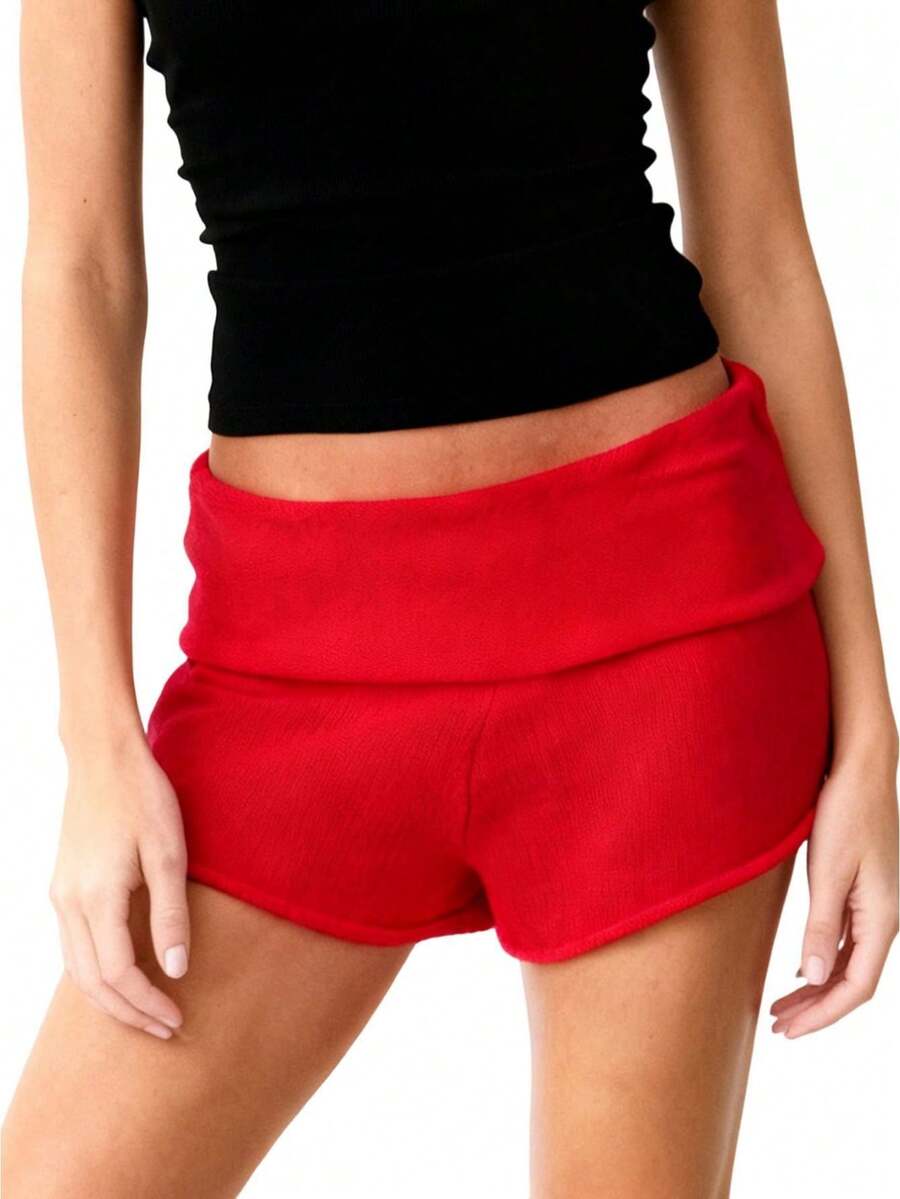 Women's Mini Shorts Elastic Waist Casual Solid Color Summer Low Rise Knit Shorts - Rojo - Ver 1