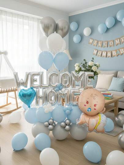 55pcs/Set Postpartum Discharge Surprise Party Decoration Balloons, Welcome Home Decoration Balloon Set, Warm Scene Decoration, Ritual Gift, Welcome New Family Member Balloon Set, Postpartum Mom's Homecoming Party Decoration, Warm Scene Decoration Props, 16" Silver "Welcome Home" Foil Balloon, 10" Pink/Blue Latex Balloons