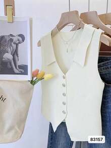 1件女士撞色领针织无袖背心，法式短款毛衣背心，带假领，杏仁色/驼色/黑白配色，适合圣诞装饰 - 韓版時尚百搭假領子 - 查看 8