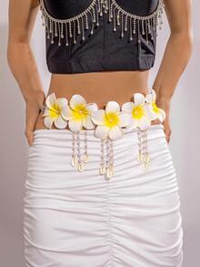 imoli 1pc Fashionable & Fresh Frangipani/Plumeria Flower, Faux Pearl & Shell Tasseled Waist Chain, Sexy Beach Outfit For Wedding, Beach Party, Gift (Faux Pearl & Shell Sizes Vary, Quantity Undefined) - Multicolor - View 10