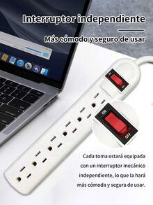 Regleta multicontactos electricos con 6 salidas con interruptor,Multicontacto Extension,Compacto Fácil de usar,protección contra sobrecarga,montaje en pared para el hogar y la oficina. - Blanco - Ver 3