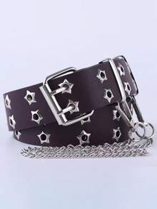 1 Piece Y2K Punk Star Studded Adjustable Size Faux Leather Wide Waist Belt - With Shiny Metal Star Rivets & Silver Chain Detail, Durable Faux Leather Material, Waist Cinching & Figure Flattering Design, Fashion Waist Accessory For Women