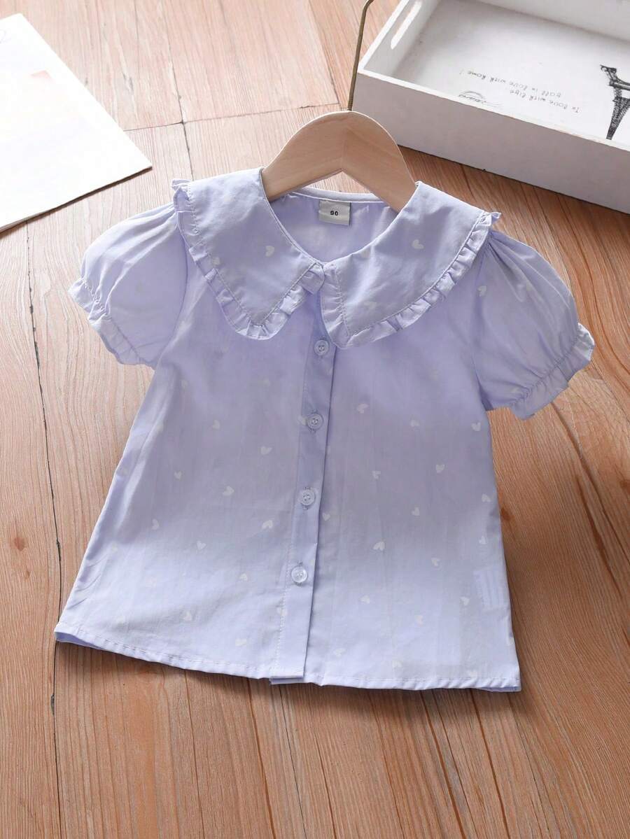 女童心形印花翻领短袖衬衫 - 淺藍色 - 查看 1