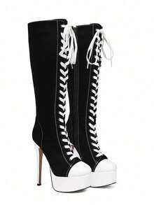 Black And White Color Blocked Waterproof Platform, High Heels, Side Zipper, Lace Up Fashion Boots - 黑色 - 查看 6