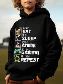 Tween Boy Casual Japanese Style Letter Pattern Sporty Style Sweatshirt Boys Long Sleeve Hooded Sweatshirt Autumn And Winter Boys Clothing - Black - View 8